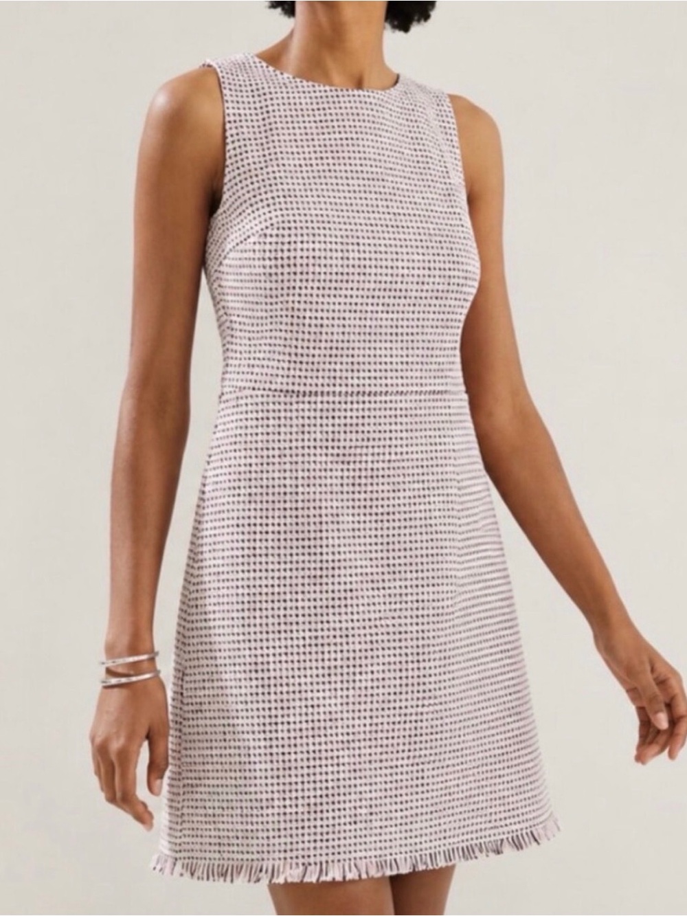 NWT LOFT Sleeveless Pink Tweed A-line Jacquard Fringe Hem Dress - Size 2P